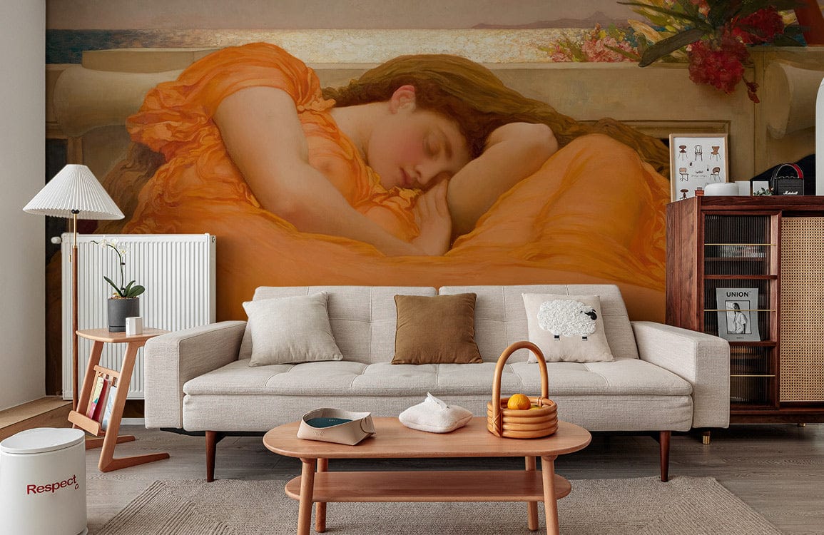 Luxurious living room featuring Dreamy Renaissance Peach Goddess wallpaper, modern beige sofa, wooden flooring.