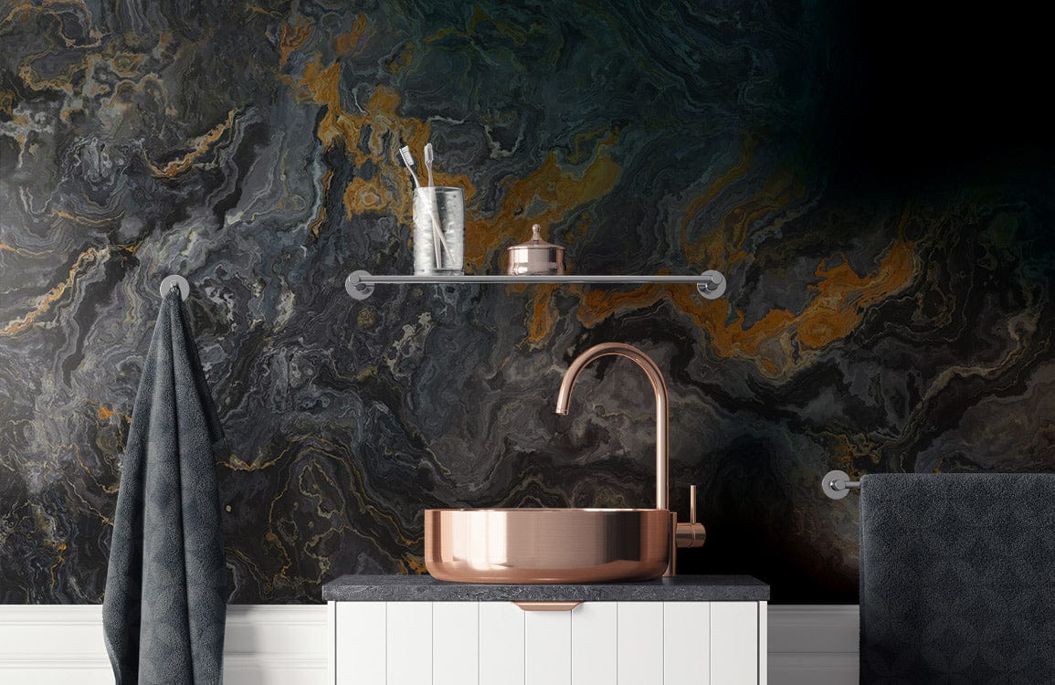 Luxury Charcoal Gold Marble Wallpaper in modern bathroom, featuring copper basin, white cabinet, black towel.