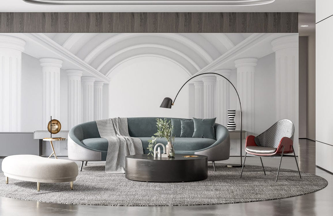 Modern Classical White Pillars Mural Wallpaper, elegant living room with grey sofa, arch lamp, and rug.