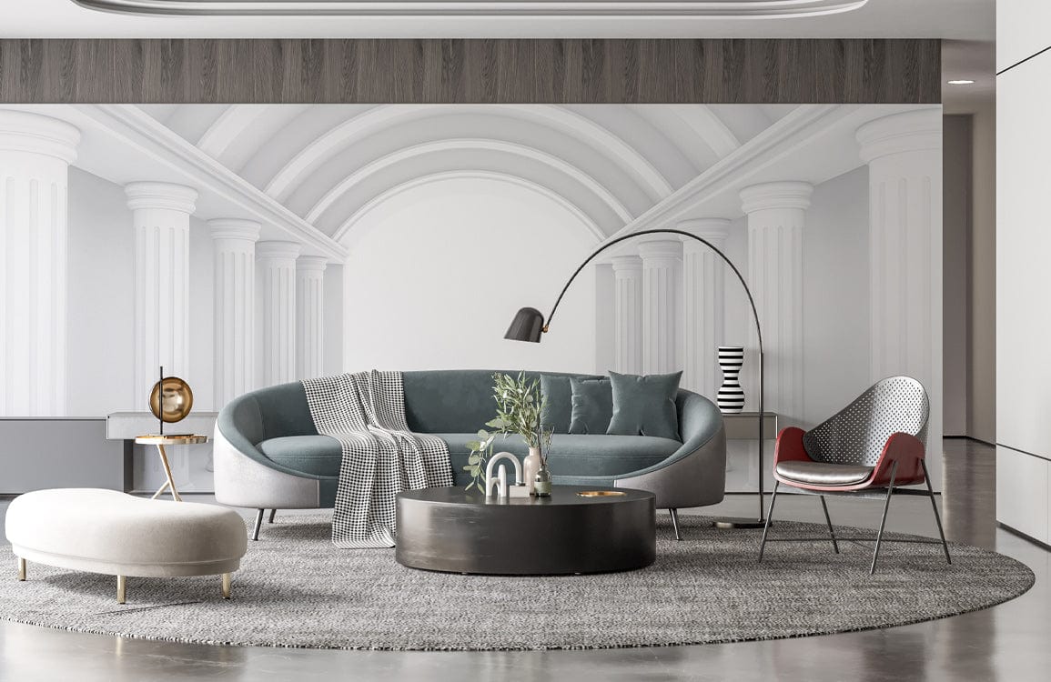 Modern Classical White Pillars Mural Wallpaper, elegant living room with grey sofa, arch lamp, and rug.