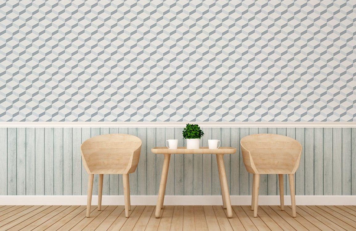 Modern geometric grey and white wallpaper, wooden chairs, table, light blue wainscoting, elegant interior setting.