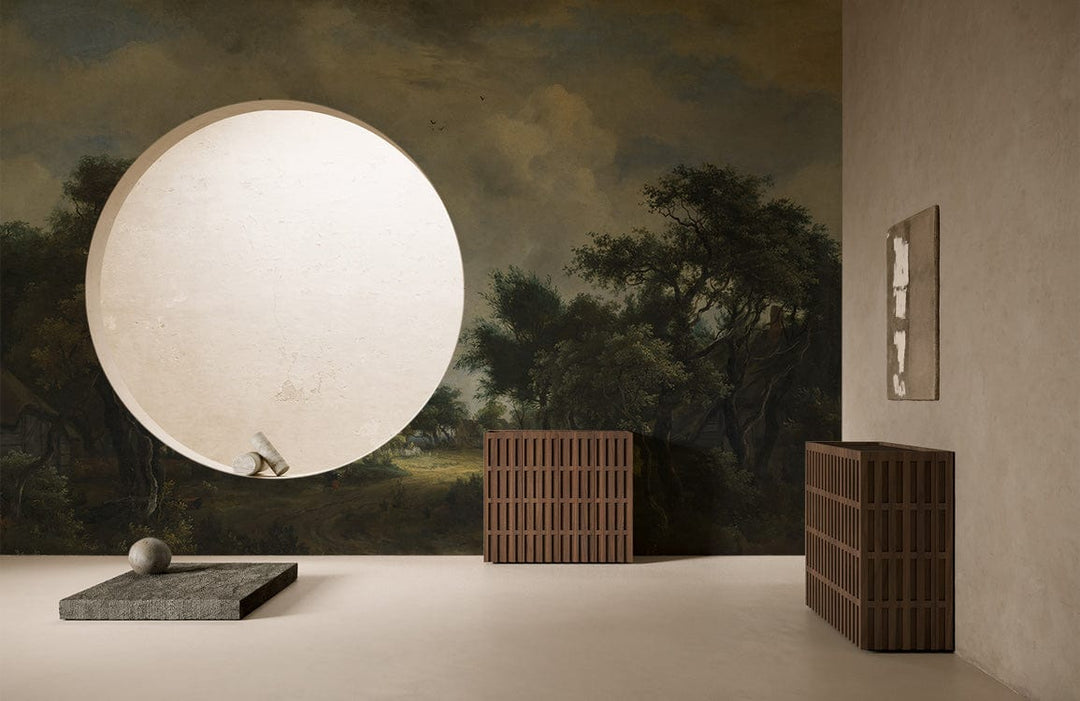Rustic Countryside Landscape Mural Wallpaper with earthy tones, circular window, minimalist furniture, neutral flooring.