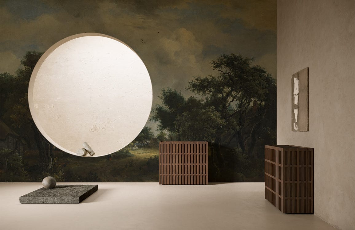 Rustic Countryside Landscape Mural Wallpaper with earthy tones, circular window, minimalist furniture, neutral flooring.
