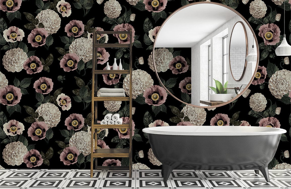 Vintage floral wallpaper with pink, cream blooms; black clawfoot bathtub, circular mirror; geometric flooring.