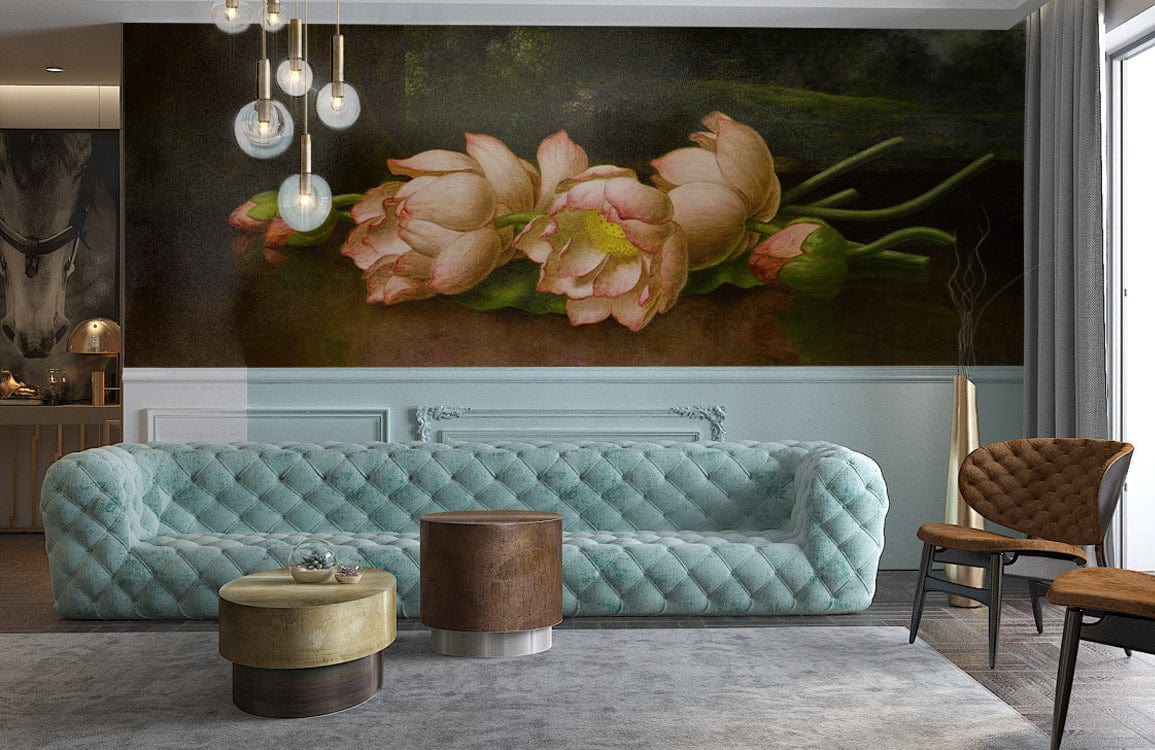 Elegant Vintage Floral Mural with Pink Peony Blooms in a modern lounge featuring a blue sofa.