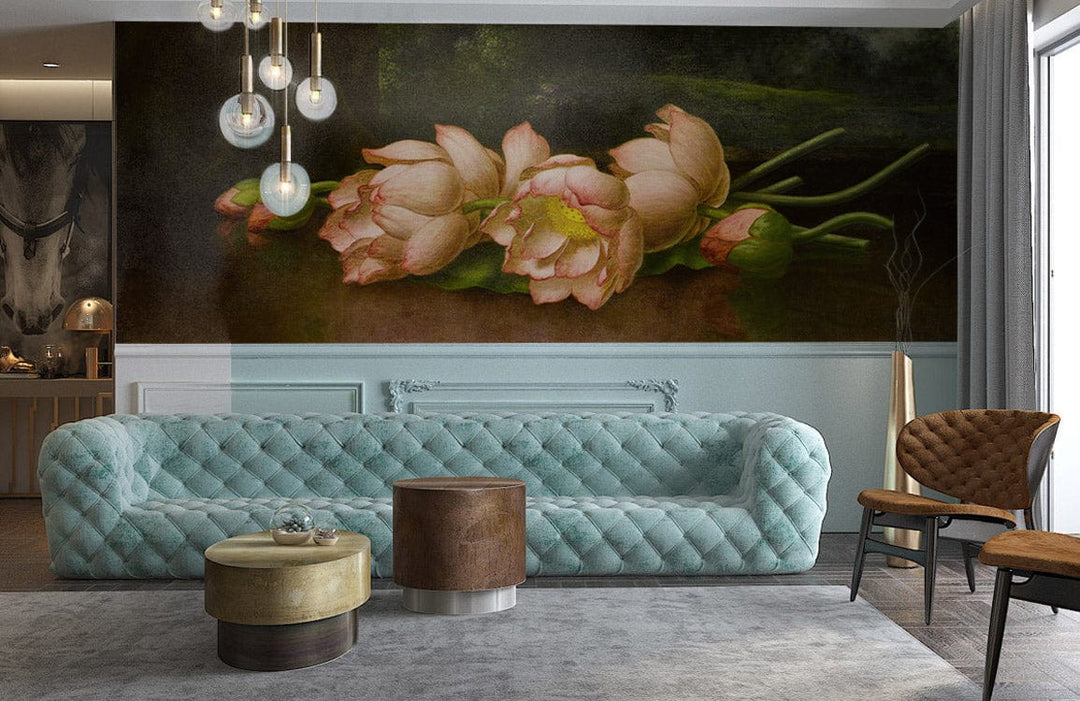 Elegant Vintage Floral Mural with Pink Peony Blooms in a modern lounge featuring a blue sofa.
