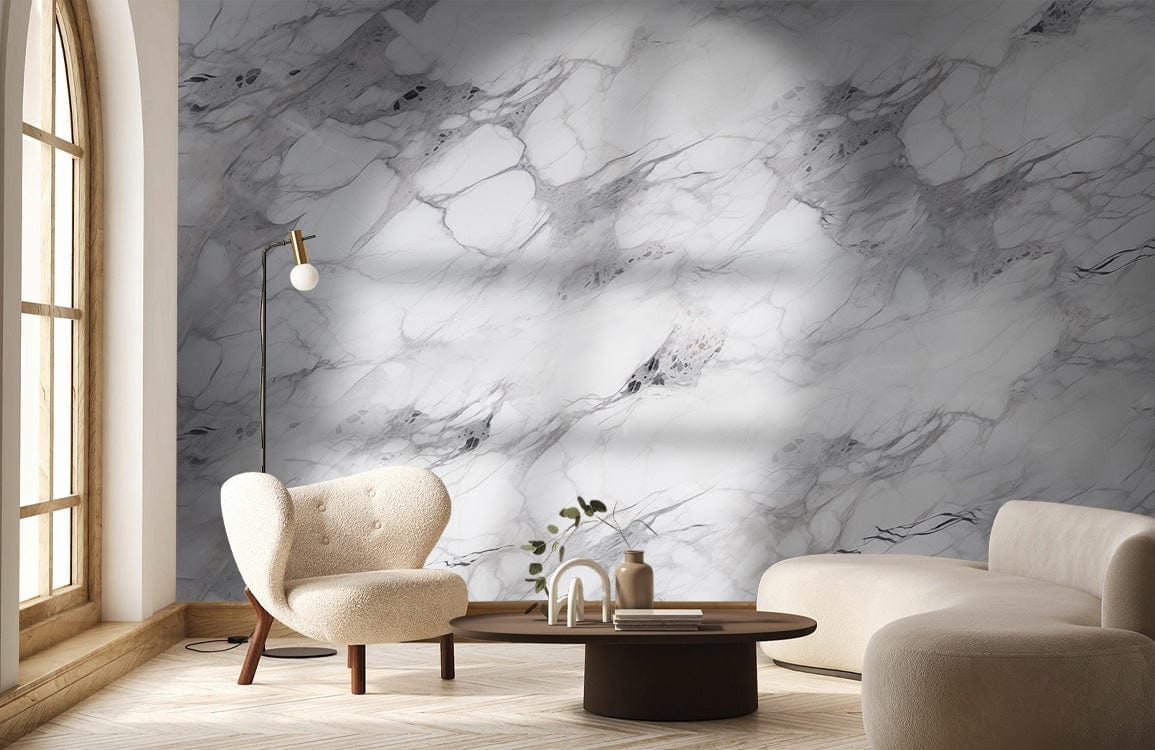 Elegant Grey Marble Effect Wallpaper in living room with modern furniture and wooden flooring.