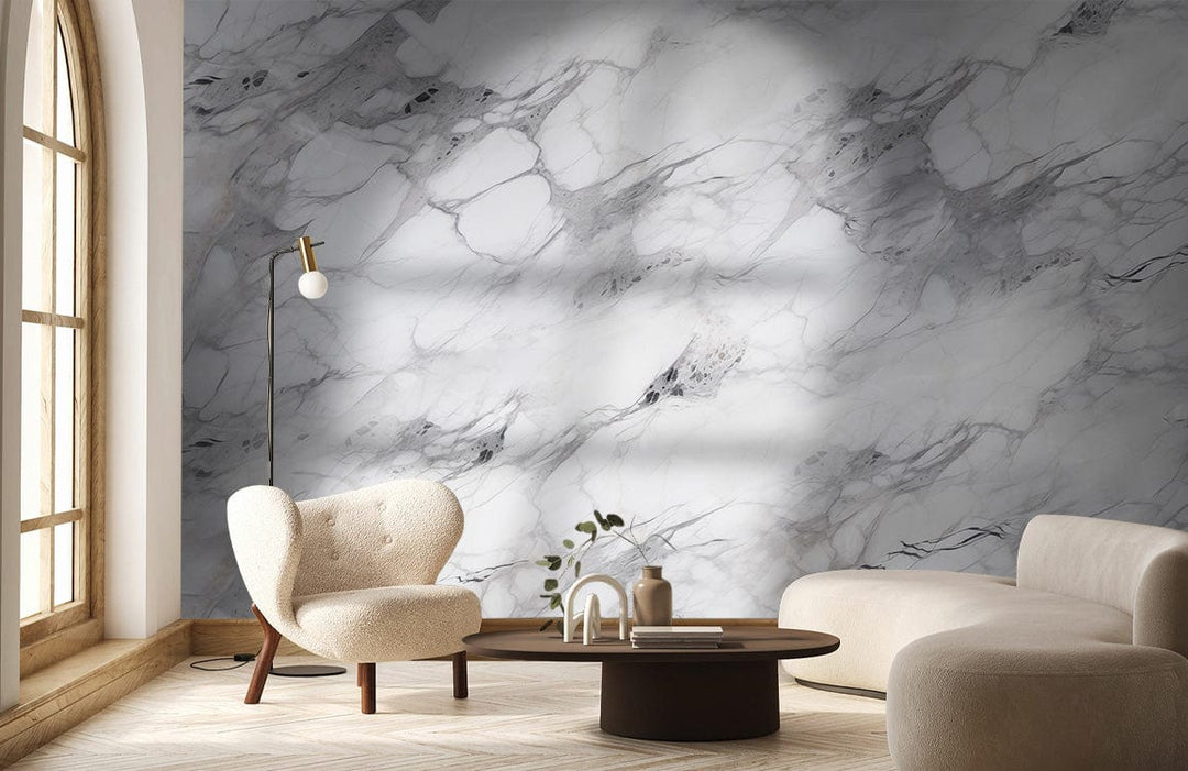 Elegant Grey Marble Effect Wallpaper in living room with modern furniture and wooden flooring.