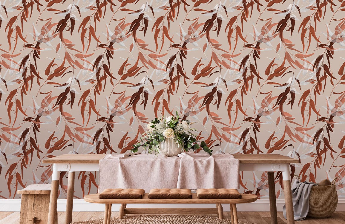 Elegant Autumnal Foliage Pattern Wallpaper in dining room with beige wooden furniture and woven rug.