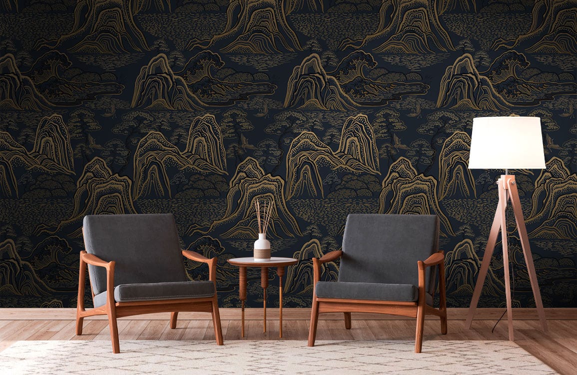 Elegant dark gold landscape wallpaper, modern chairs, tripod lamp, wooden flooring, modern interior design.