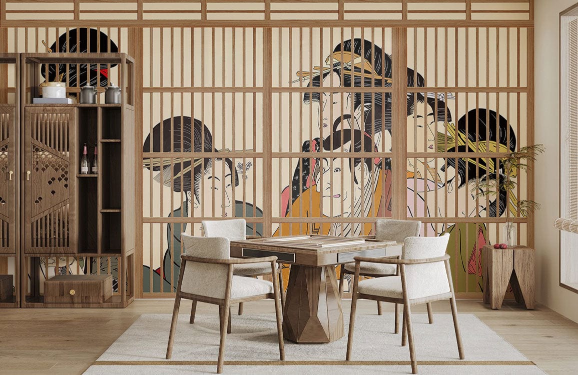 Traditional Japanese Geisha mural wallpaper in dining room with wooden shelves, modern furniture, light flooring.