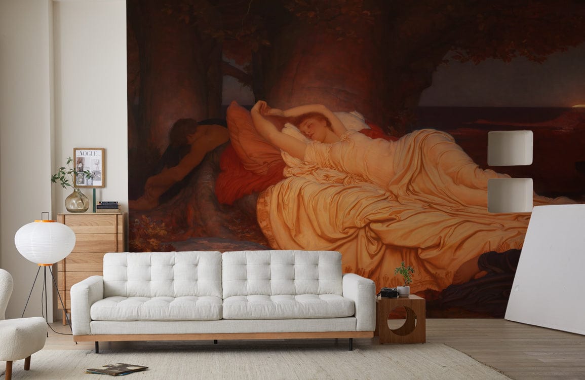 Elegant Victorian-style mural wallpaper in earthy tones, white tufted sofa, wooden flooring, modern living room.