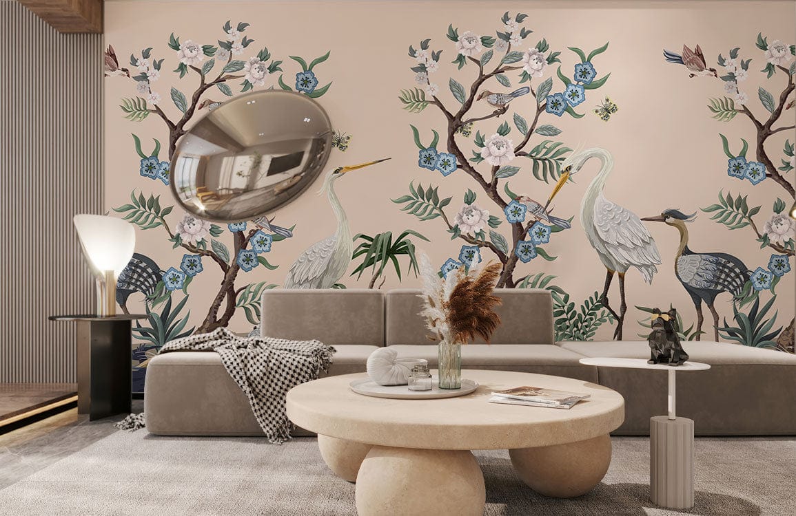Elegant Heron Mural Wallpaper on living room wall, with beige sofa, circular table, and grey carpet.