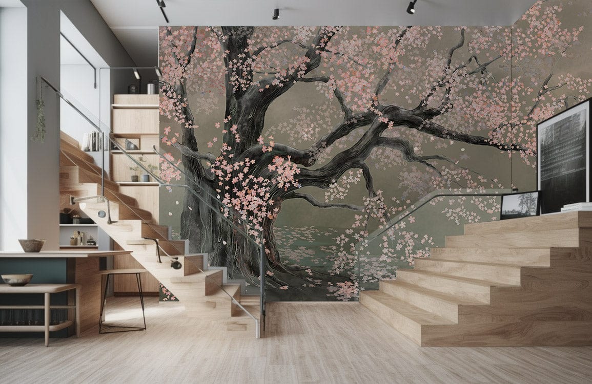 Elegant Cherry Blossom Tree Mural, pastel shades, modern staircase, wooden flooring, contemporary living room.