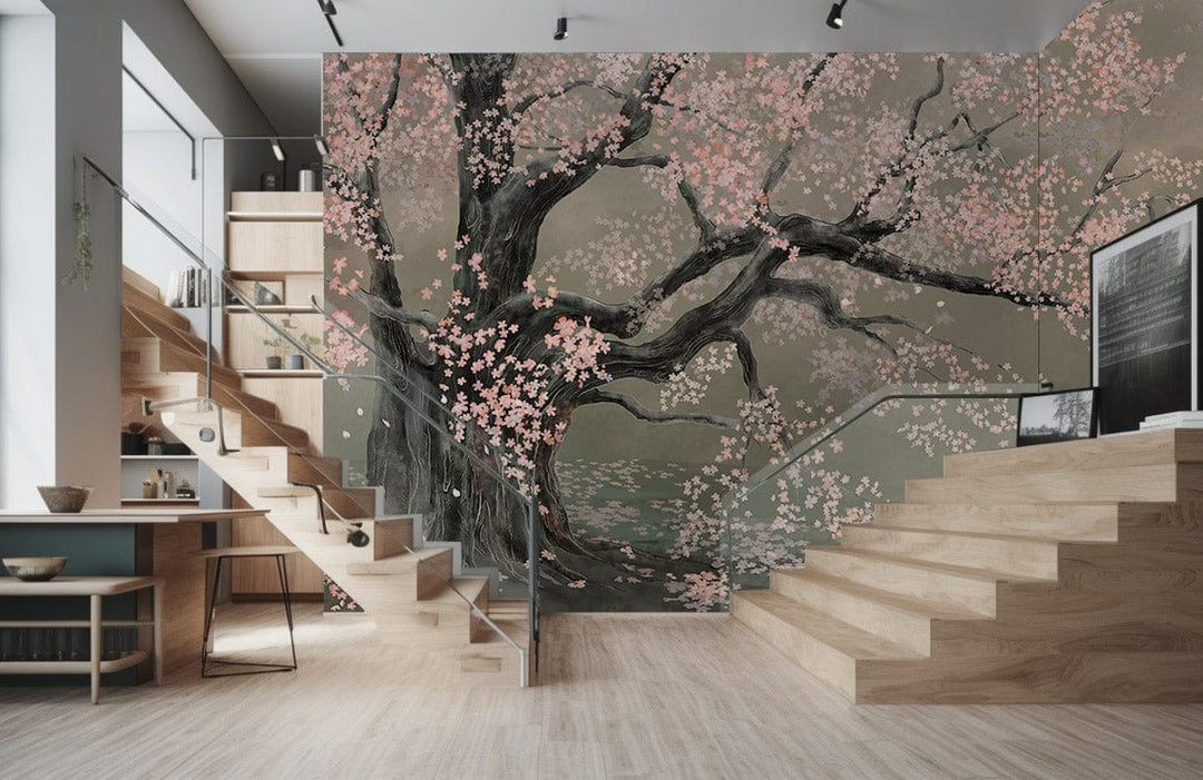 Elegant Cherry Blossom Tree Mural, pastel shades, modern staircase, wooden flooring, contemporary living room.