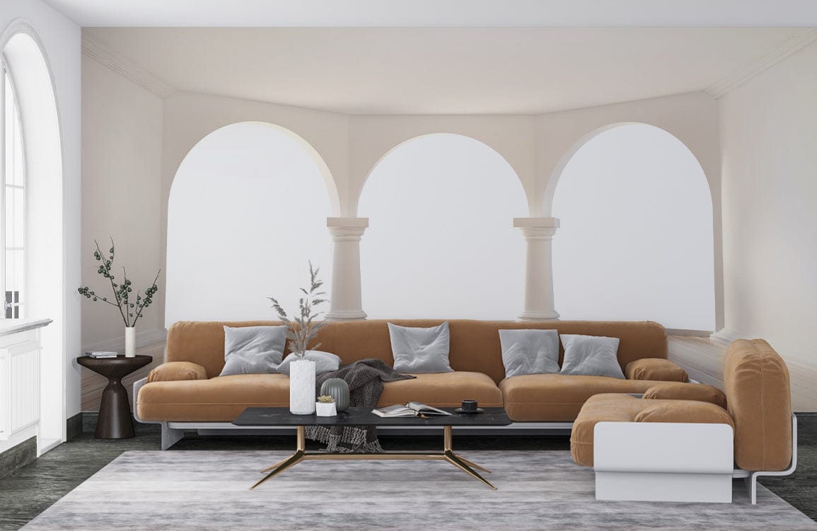 Elegant arched columns mural accentuating minimalist interior; brown sectional sofa; grey carpet flooring.