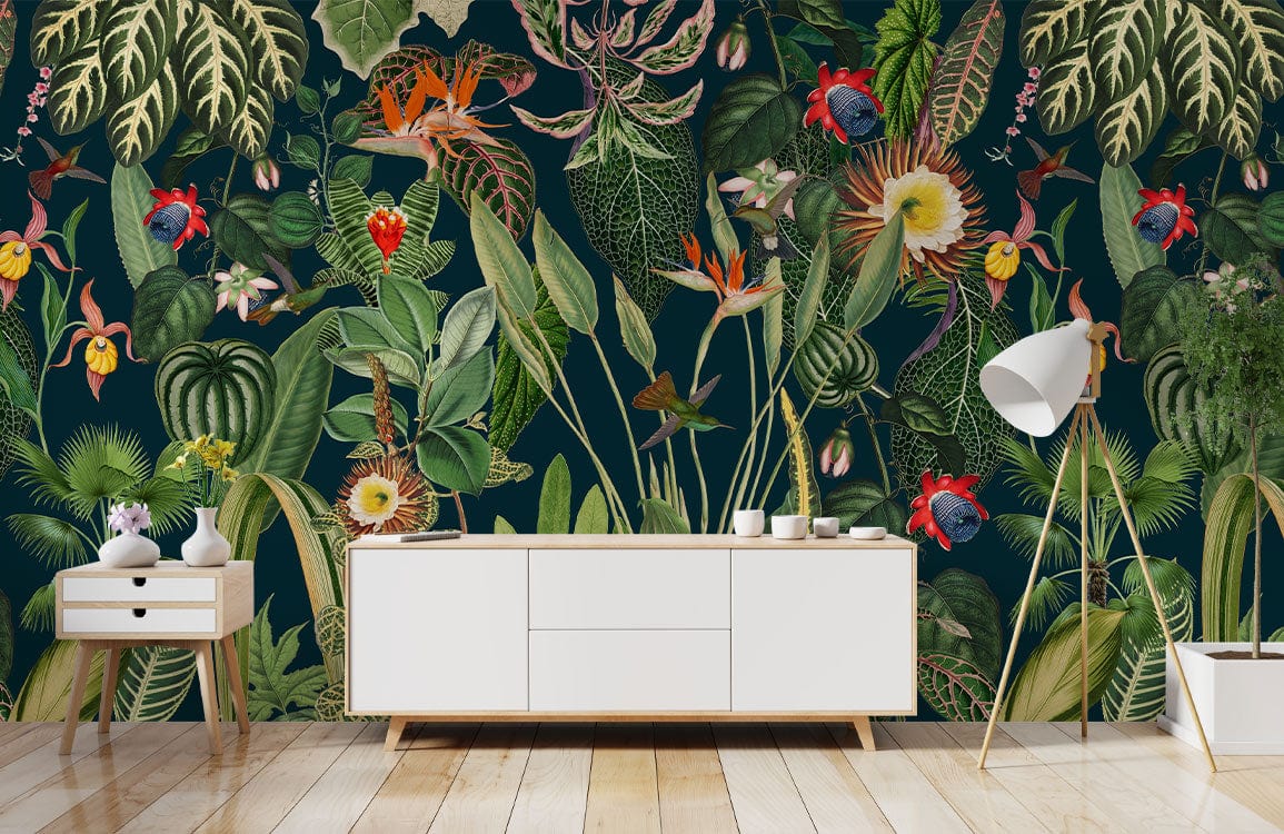 Tropical Jungle Oasis Mural Wallpaper with white sideboard, wooden floor, and modern standing lamp.