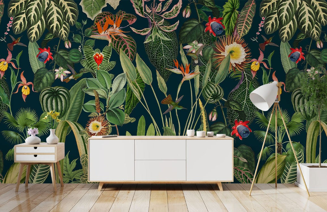 Tropical Jungle Oasis Mural Wallpaper with white sideboard, wooden floor, and modern standing lamp.