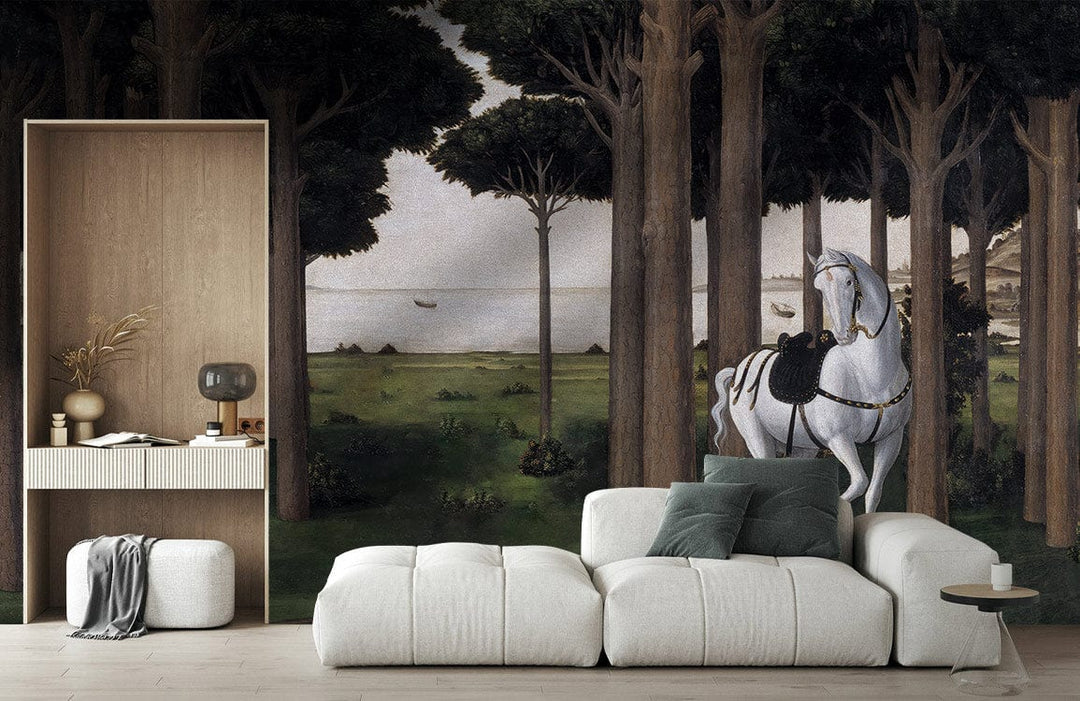 Enchanted Forest Mural Wallpaper with white horse, wooden shelving, cream sofa, and light wood flooring.