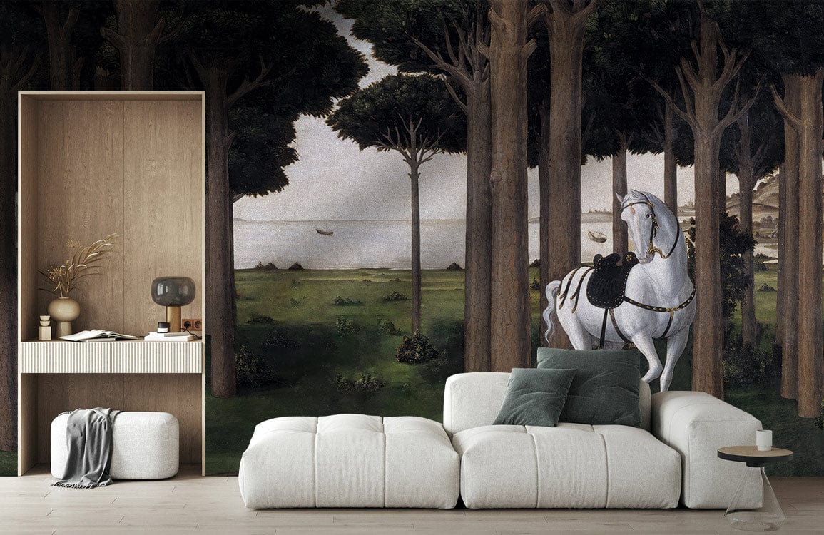 Enchanted Forest Mural Wallpaper with white horse, wooden shelving, cream sofa, and light wood flooring.