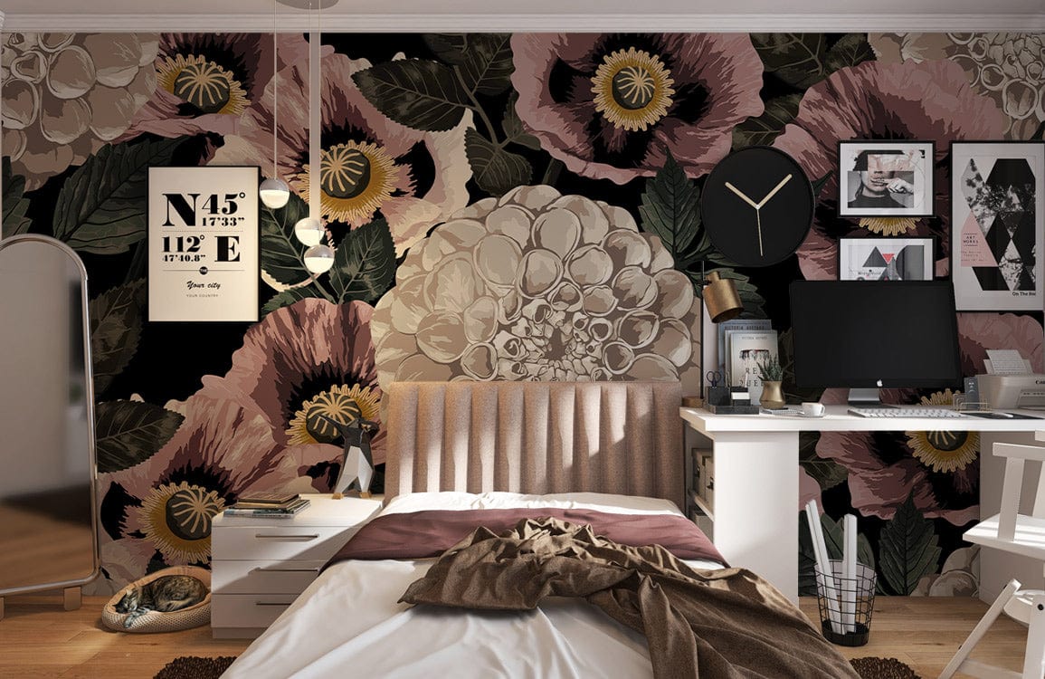 Bedroom with mauve floral botanical wallpaper, cream bed, white desk, and dark hardwood flooring.