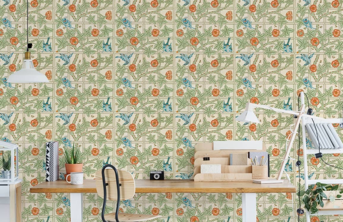 Vintage Botanical Garden Wallpaper - Floral green and orange design with wooden desk and modern chair.