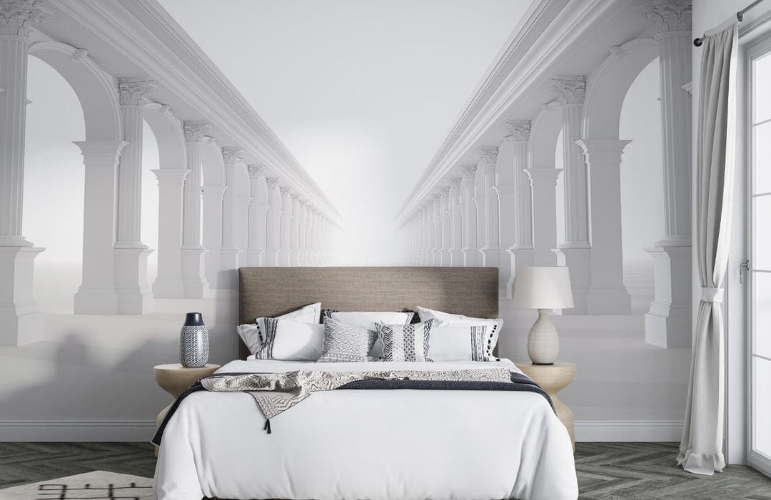 Classic Roman Archway Wallpaper, elegant bedroom, grey flooring, contemporary beige headboard, stylish white bedding.