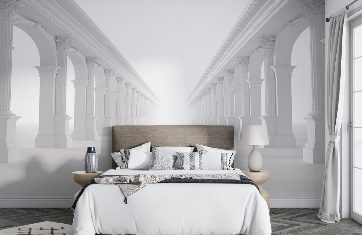 Classic Roman Archway Wallpaper, elegant bedroom, grey flooring, contemporary beige headboard, stylish white bedding.