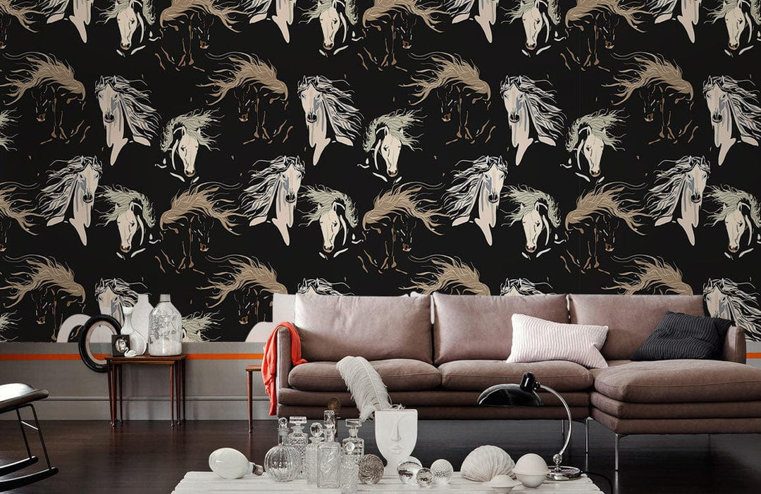 Enchanted Woodland Creatures wallpaper; black and beige; elegant living room; brown sofa; modern decor.