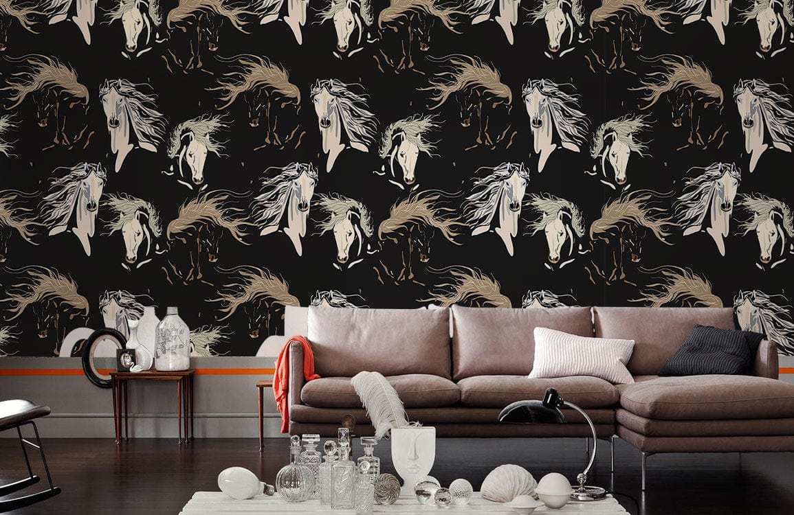Enchanted Woodland Creatures wallpaper; black and beige; elegant living room; brown sofa; modern decor.