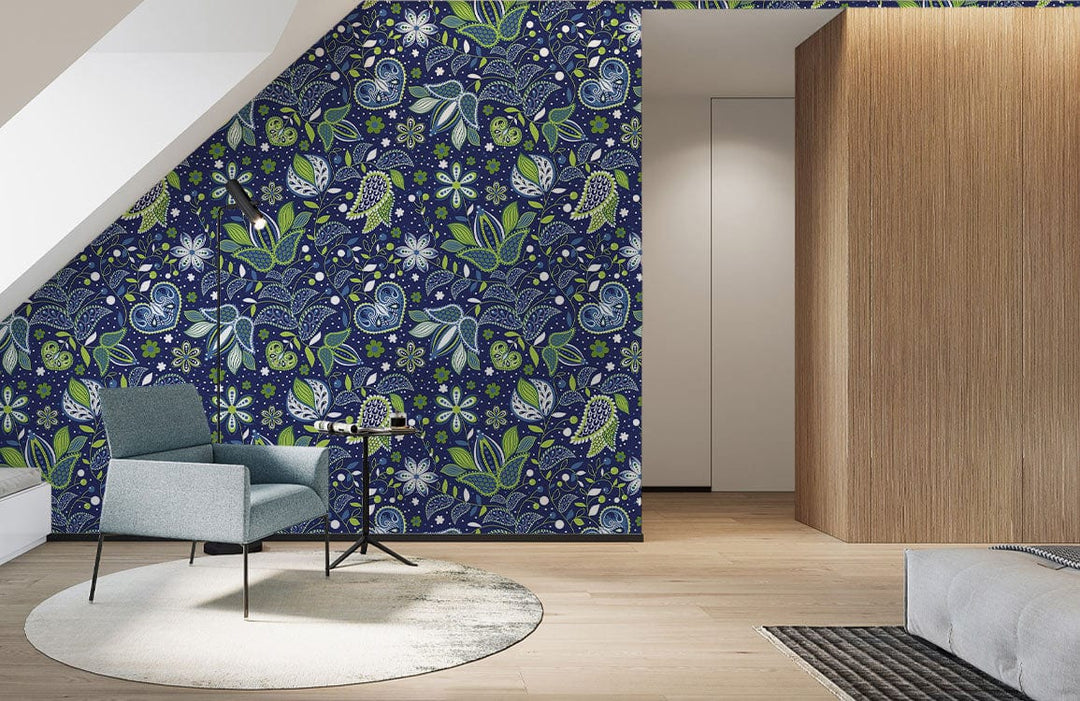 Midnight Blue Floral Fantasy Wallpaper in modern room with grey chair, oak flooring, minimalist style.