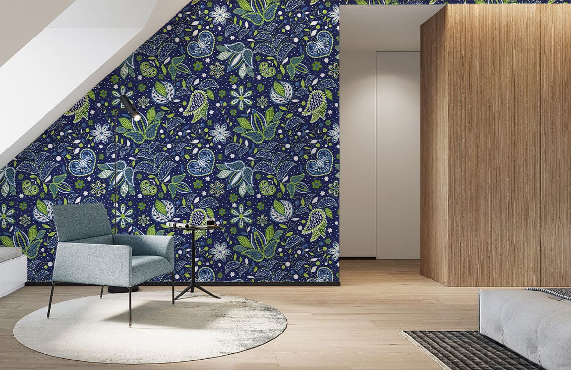 Midnight Blue Floral Fantasy Wallpaper in modern room with grey chair, oak flooring, minimalist style.