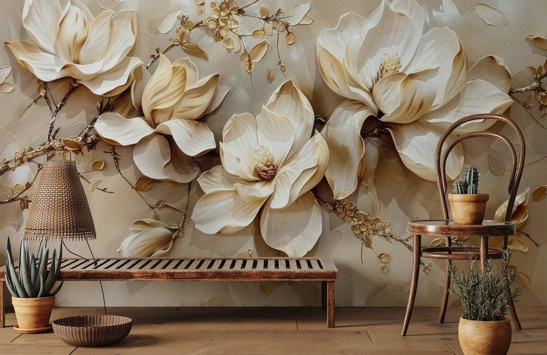 Elegant Beige Floral Mural Wallpaper in living room with wooden bench, wicker lampshade, and chair.