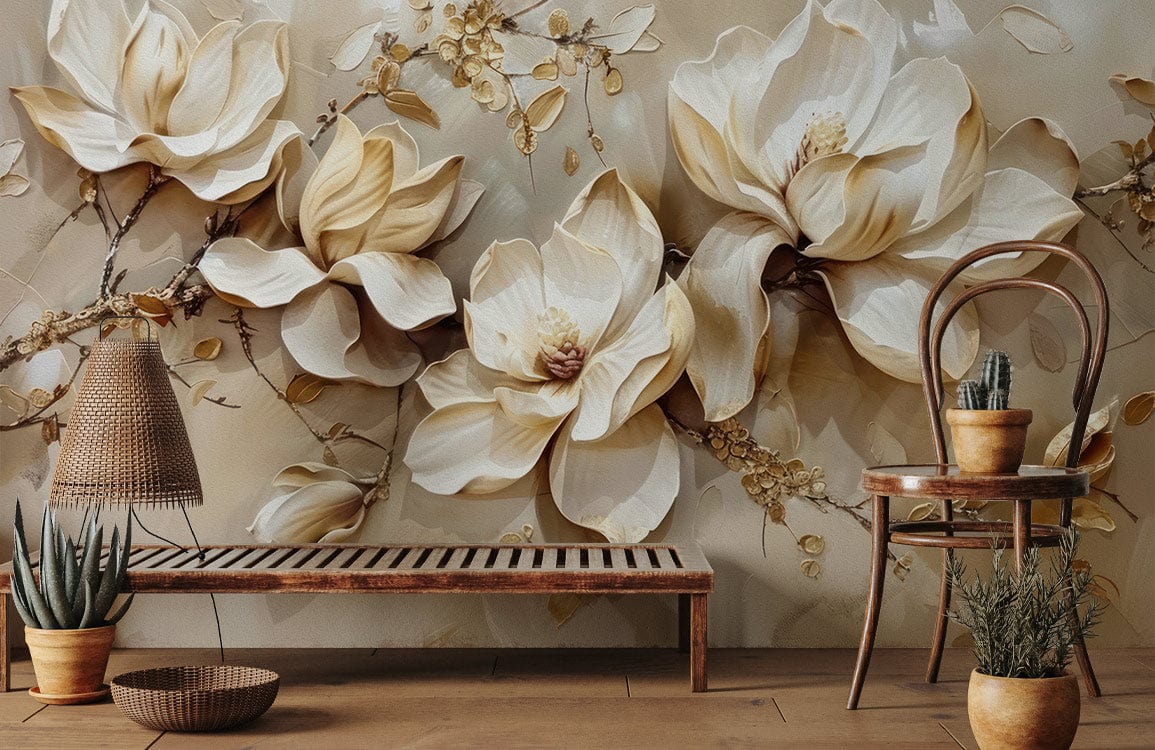 Elegant Beige Floral Mural Wallpaper in living room with wooden bench, wicker lampshade, and chair.