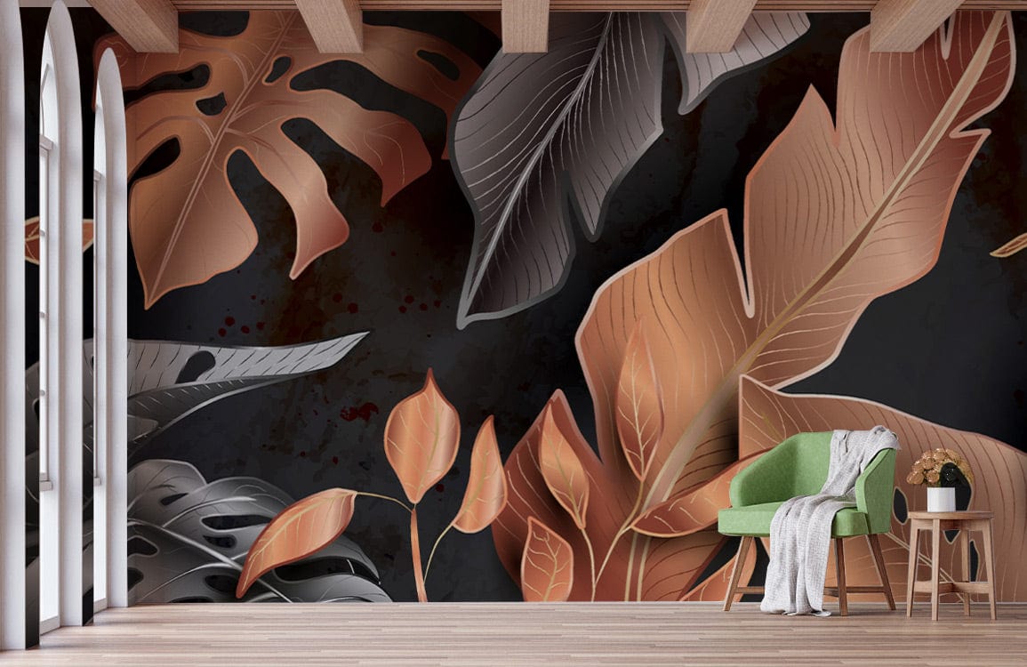 Luxury botanical wallpaper; copper, silver leaves; modern black design; green armchair; natural wood beams.