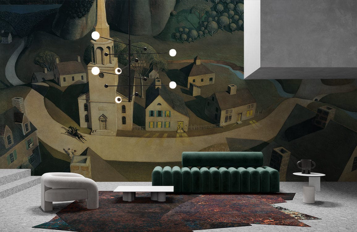 Historic village mural wallpaper, green sofa, modern armchair, geometric rug, pendant lighting, concrete floor.