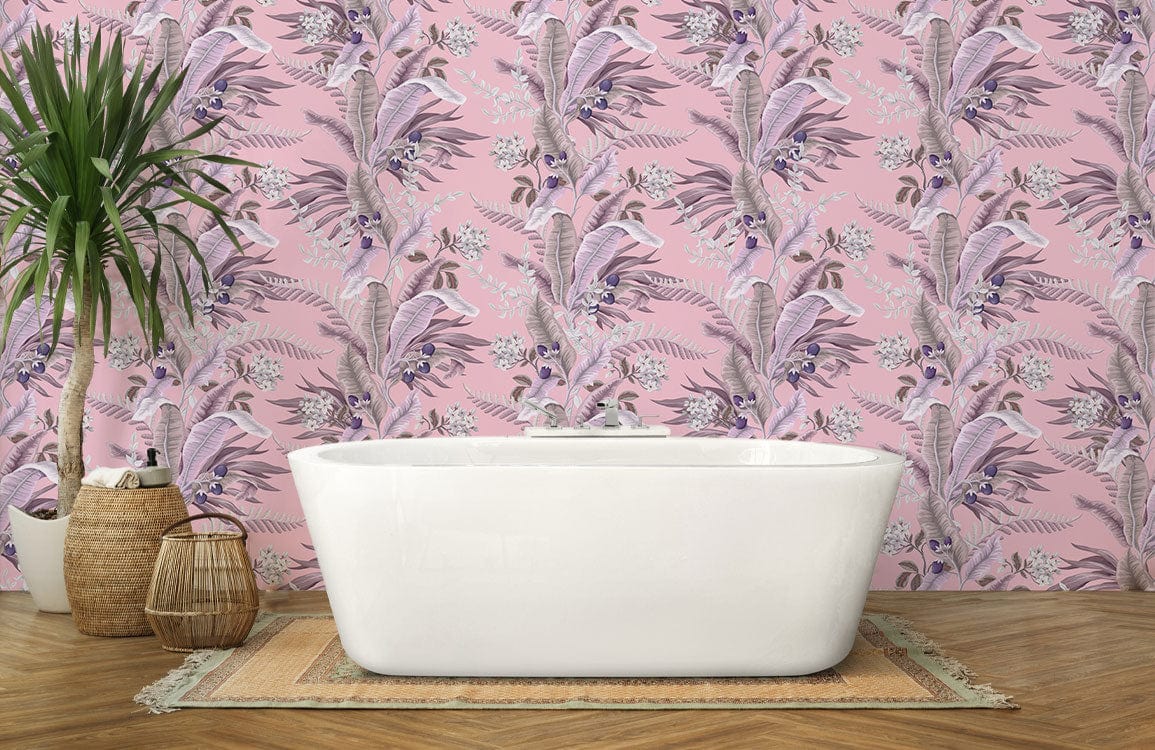 Pink botanical floral wallpaper in bathroom, white bathtub, wooden flooring, tropical plant, vintage decor.