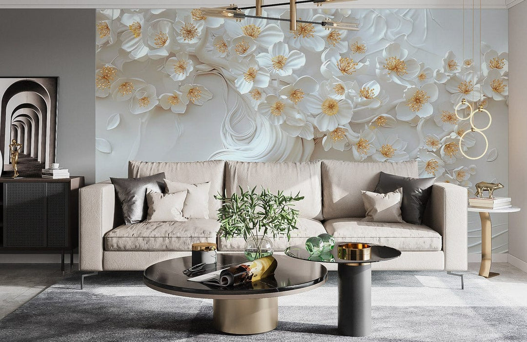 Elegant white floral 3D mural wallpaper in luxurious living room with beige sofa and modern decor.
