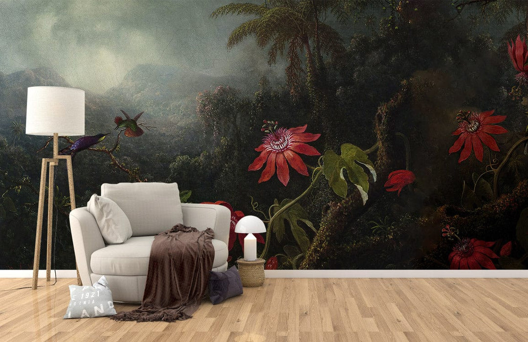 Cream armchair, wooden floor, tropical mural wallpaper with exotic red flowers, lush foliage backdrop.