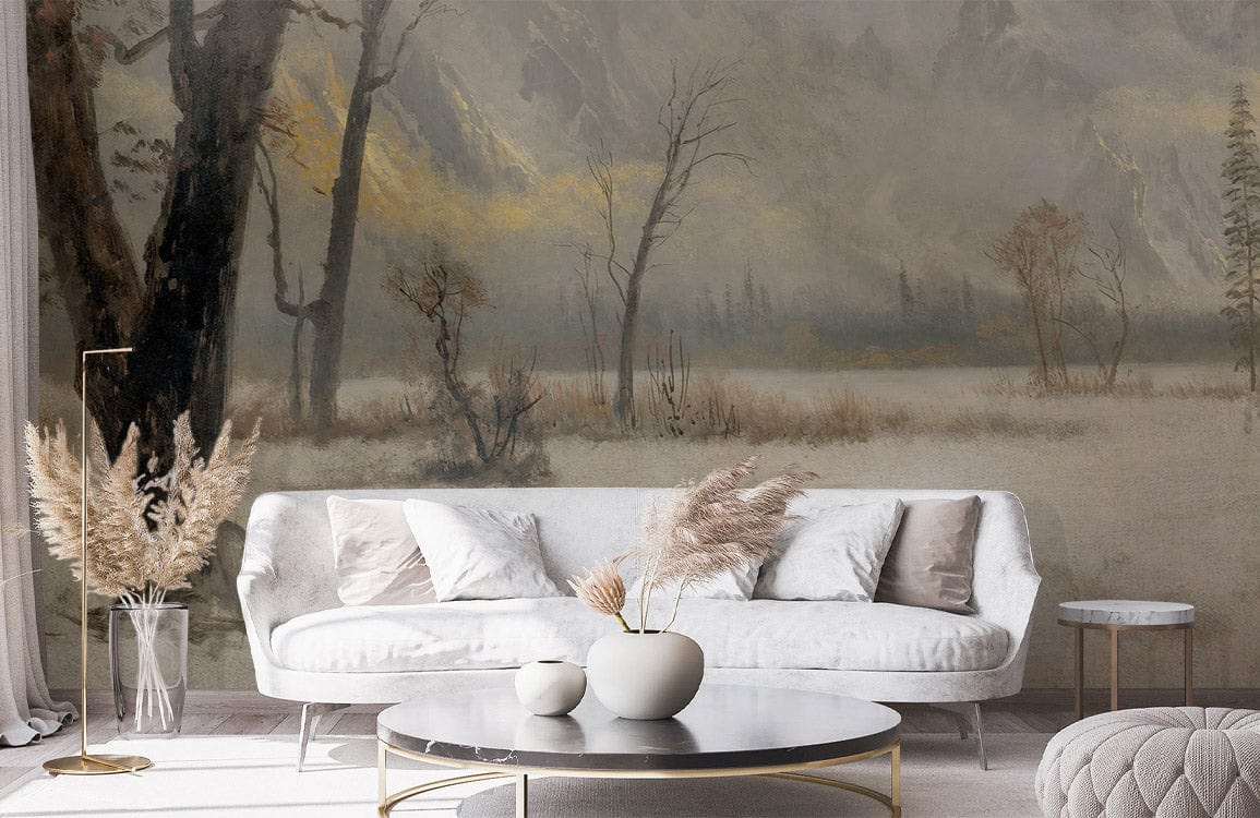 Misty Mountain wallpaper, grey tones, serene living room; white sofa, round table, textured flooring.
