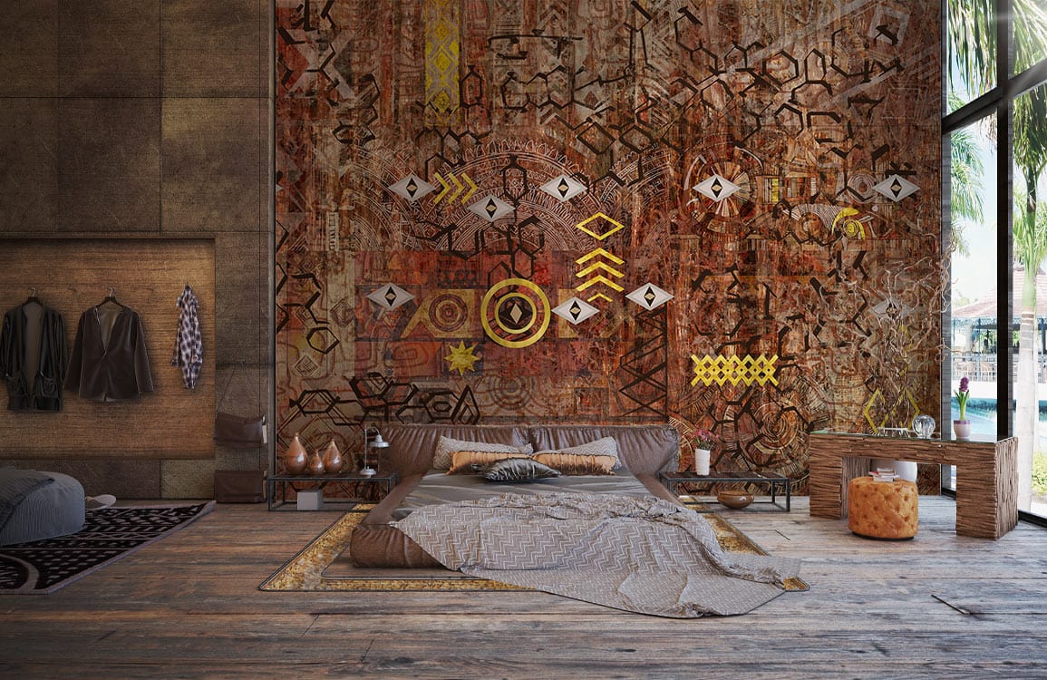Tribal mural wallpaper with rustic geometric pattern, wooden floor, cosy bedroom decor, earthy tones.