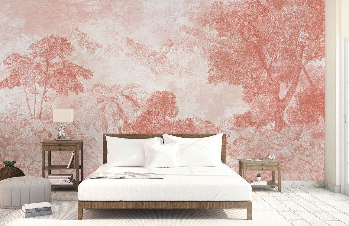 Coral jungle mural wallpaper in elegant bedroom with white bed, wooden furniture, light wood flooring.