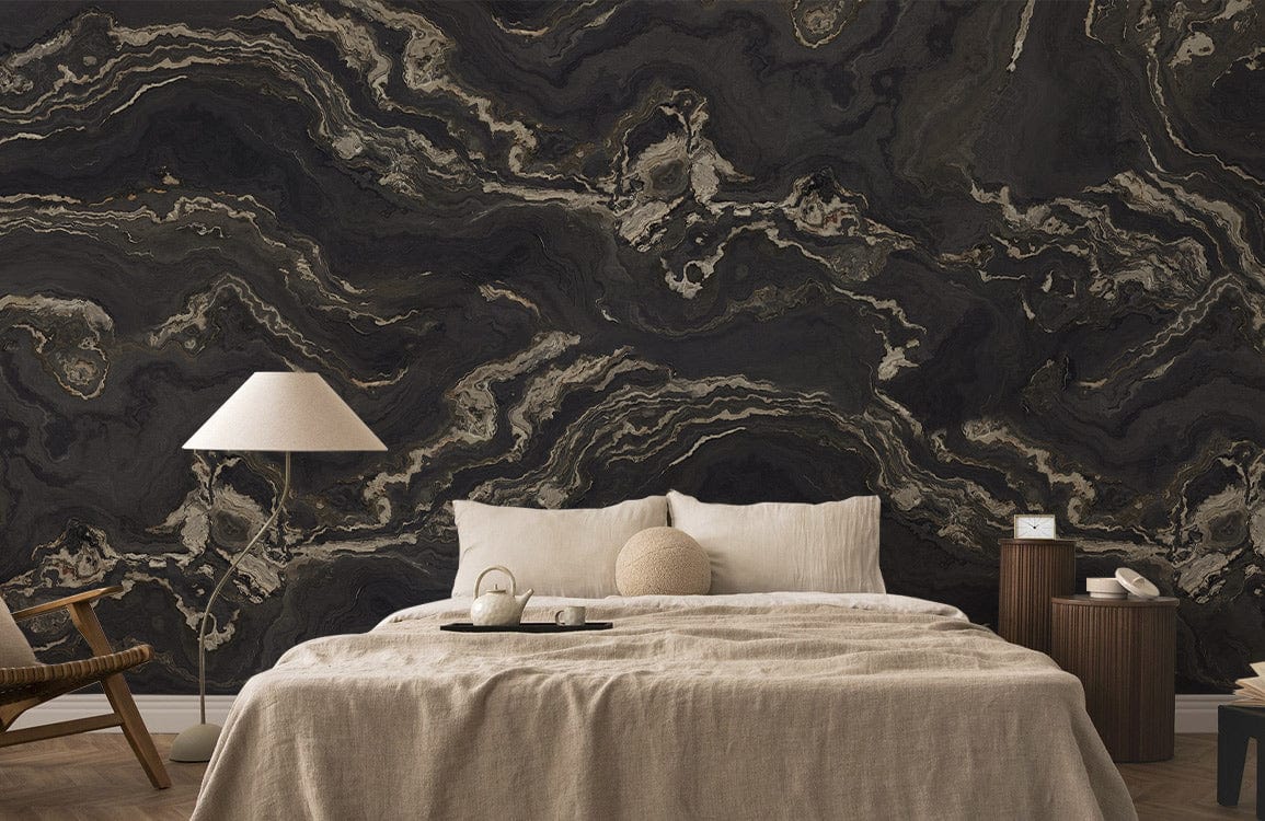 Charcoal Marble Effect Wallpaper in bedroom with modern bed, stylish lamp, and neutral decor accents.
