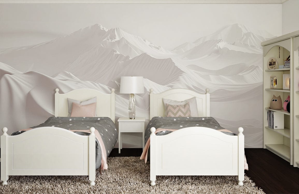 Two white beds and a lamp in a bedroom with Serene White Mountain Range mural wallpaper.