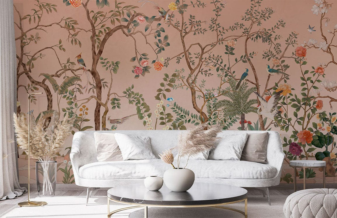 Vintage botanical garden mural wallpaper featuring birds; elegant white sofa, round coffee table, neutral decor.