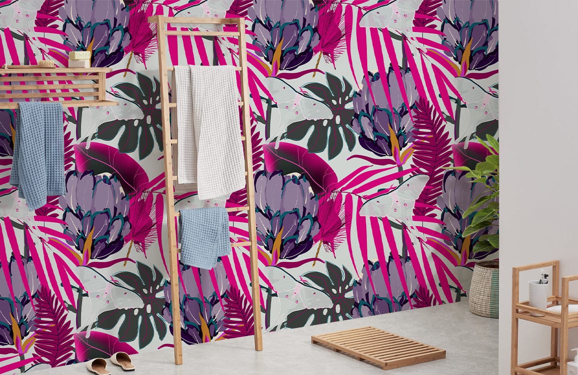 Tropical Jungle Mural Wallpaper in bathroom with vibrant magenta leaves, wooden towel rack, grey flooring.