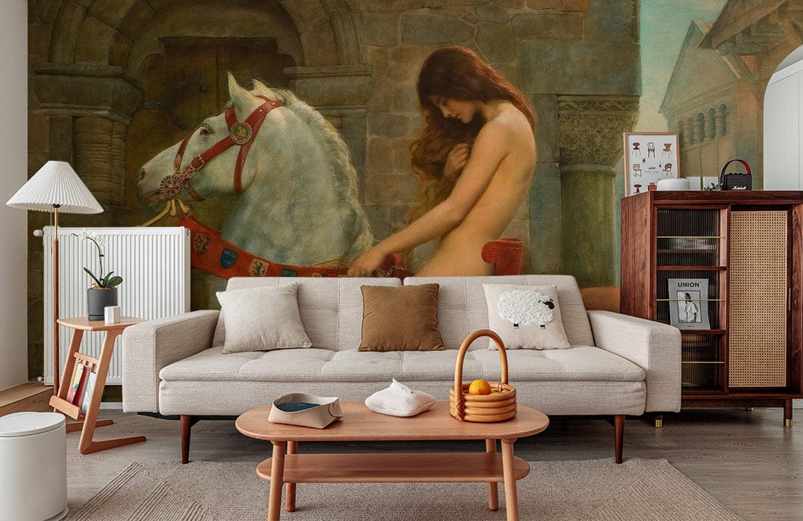 Medieval Lady Godiva mural wallpaper adorns modern living room with beige sofa and wood furnishings.