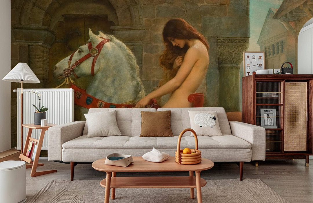 Medieval Lady Godiva mural wallpaper adorns modern living room with beige sofa and wood furnishings.