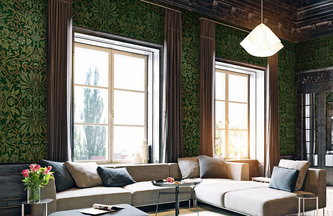 Elegant Victorian green botanical wallpaper with vintage floral design in a stylish living room setting.