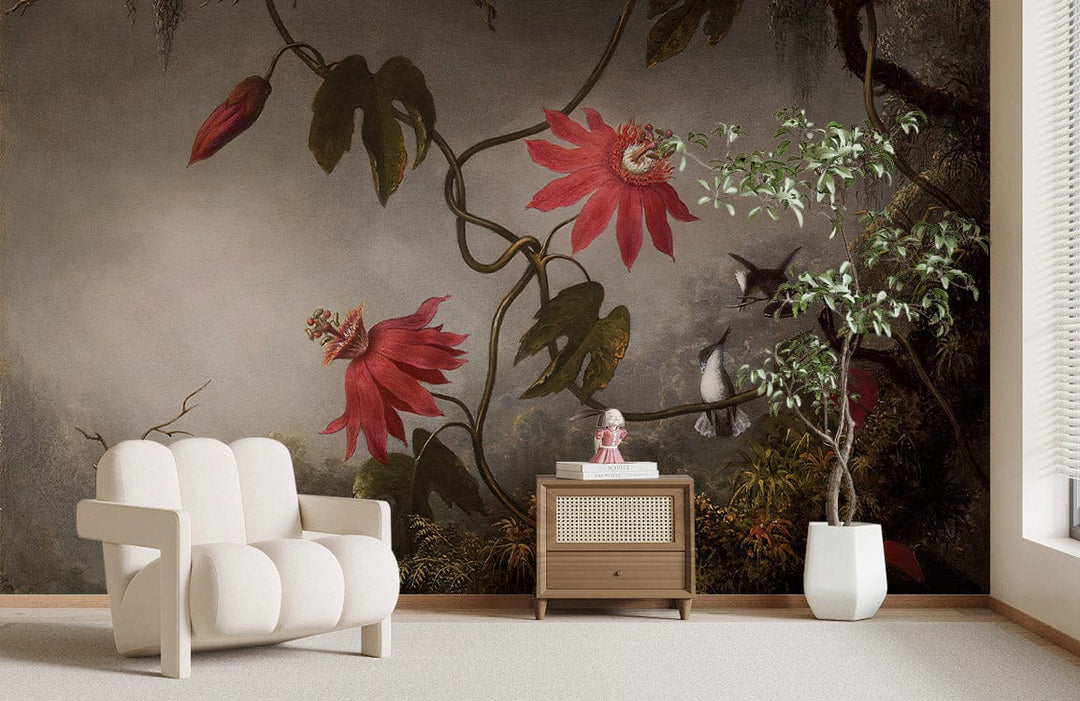 Cream sofa, light wood flooring, Vintage Botanical Mural Wallpaper, red flowers, hummingbirds, modern room.